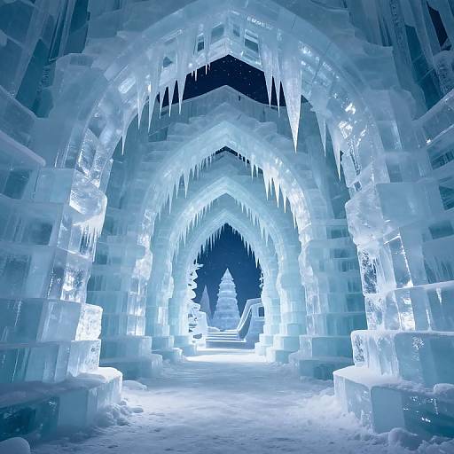 Photograph of a glowing, intricate ice tunnel with jagged icicles, leading to a bright, snow-covered ice sculpture at the end.