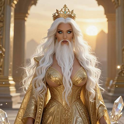 Digital art of a regal, white-haired woman with a long beard, golden crown, and ornate gold dress, standing in a sunlit,