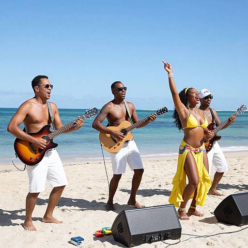 Photograph of three shirtless Black male guitarists in white shorts and one Black female singer in a yellow bikini and skirt, performing on a sunny beach