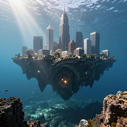 Photograph-style CGI of a futuristic underwater cityscape with towering skyscrapers, illuminated by sunlight from above, surrounded by dark ocean and coral reefs.