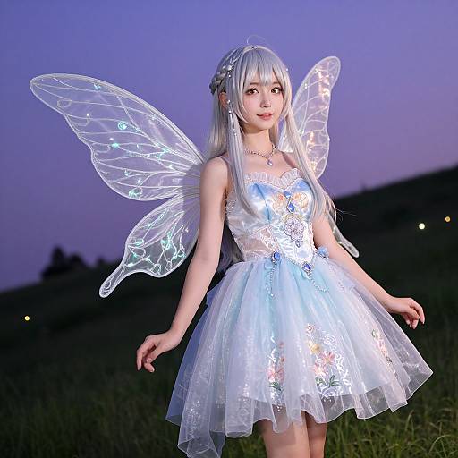 Digital artwork of a young woman with long white hair, translucent fairy wings, and a white, floral lace dress, standing in a twilight field.