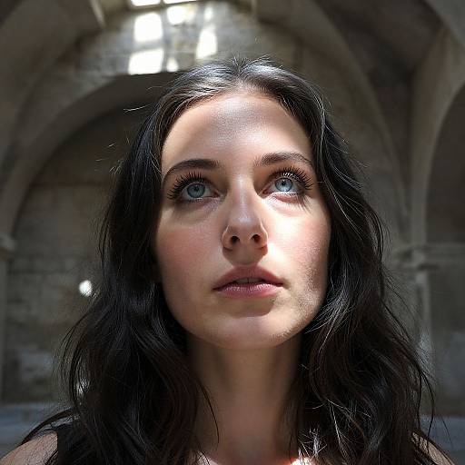 Photograph of a young woman with long black hair, blue eyes, and fair skin, looking upwards in an arched, dimly lit stone building