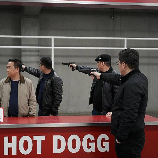 Men Aiming Guns at Hot Dog Stand
