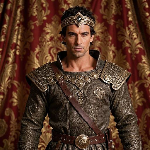 Photograph of a muscular, dark-haired man in ornate, ancient Roman-style armor with intricate gold patterns, set against a red, gold-patterned