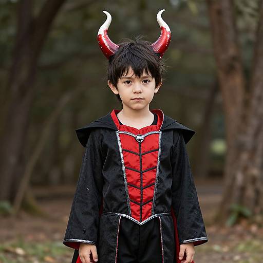 Photograph of a young boy with black hair and red horns, wearing a black and red devil costume, standing in a forest.