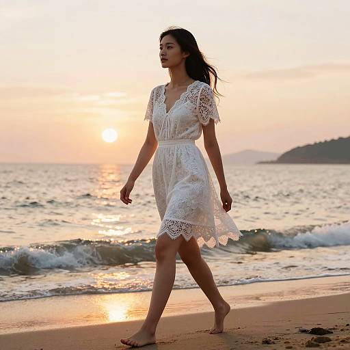 Woman in White Lace Dress Walking on Beach at Sunset