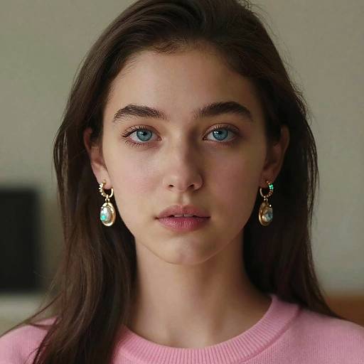 Photograph of a young woman with straight brown hair, blue eyes, light skin, wearing pink sweater and turquoise earrings, looking directly at the camera.