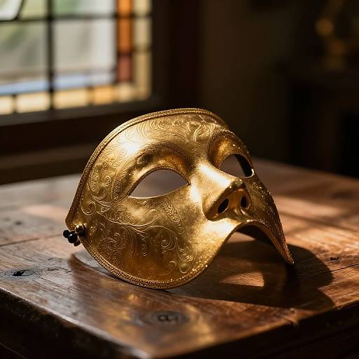 Photograph of a golden, ornate Venetian mask with intricate swirls, illuminated by sunlight on a wooden table in a dimly lit room