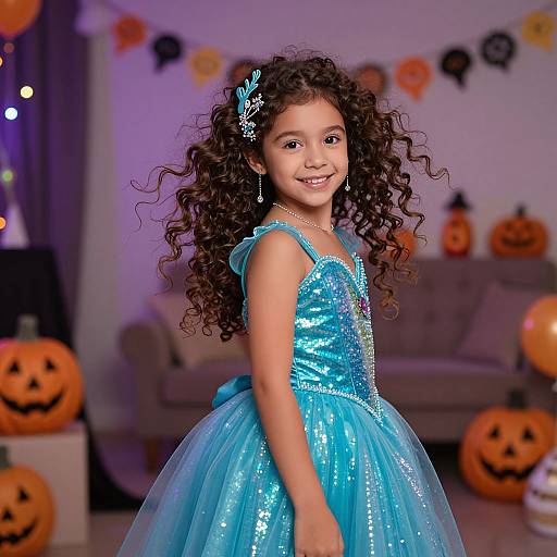 Photograph of a young girl with curly brown hair, wearing a sparkling blue Halloween dress, smiling in a decorated living room with pumpkins and festive banners
