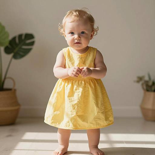 Baby Girl in Yellow Dress Standing Indoors