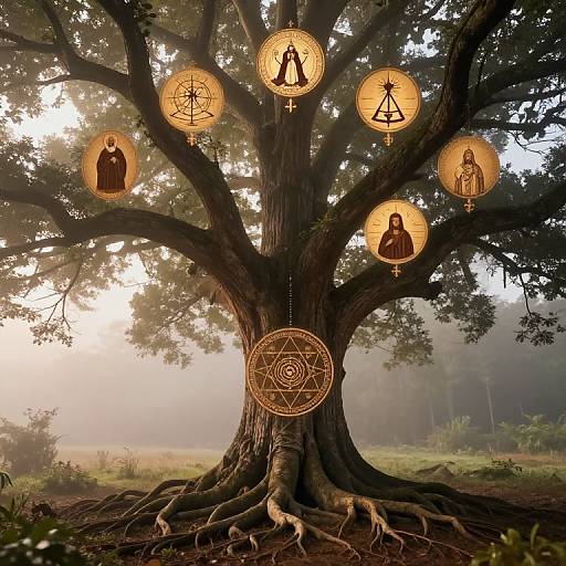 Photograph of a large, ancient tree with intricate, glowing, circular mandalas depicting various spiritual symbols and figures hanging from its branches in a mist