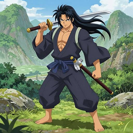 Anime-style drawing of a muscular, black-haired samurai with long hair, bare-chested, wearing blue hakama pants, holding a sword in a