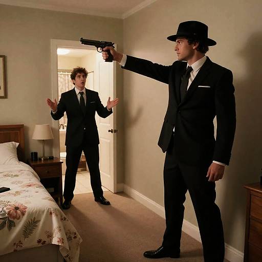 Tense Standoff in a Bedroom Setting
