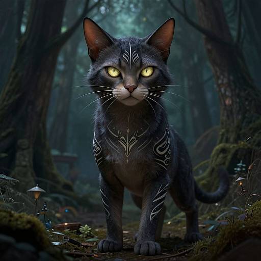 Digital art of a glowing-eyed, dark gray, tribal-marked cat standing in a mystical, moonlit forest with mushrooms and moss.