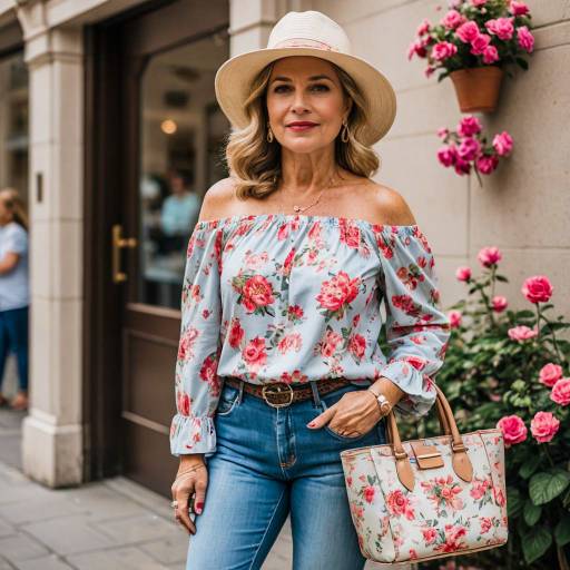 Middle-aged Woman in Floral Outfit with Tote Bag