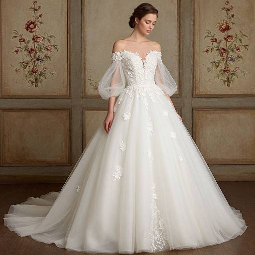 Photograph of a fair-skinned woman in an off-shoulder, white lace wedding gown with sheer sleeves, standing against a floral-patterned wall