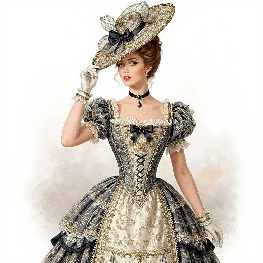 Digital illustration of a Victorian-style woman in a detailed, black-and-white lace dress, white gloves, and a large, decorative hat. She poses gracefully