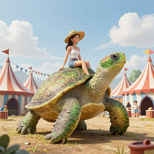 Digital art of a woman in a white top and denim shorts riding a large green turtle at a colorful circus tent fairground.