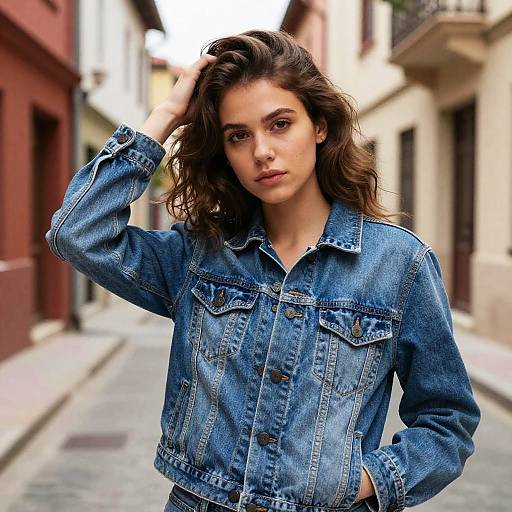 Young Woman in Denim Jacket on Urban Street