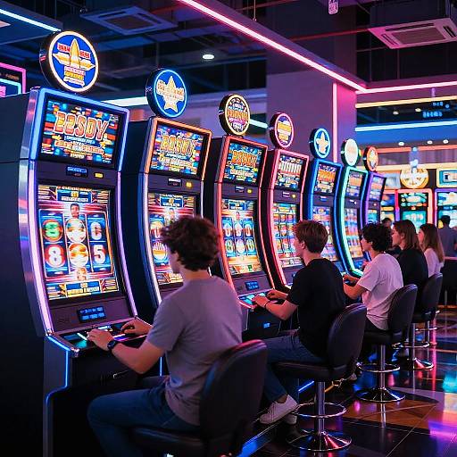 Photograph of a neon-lit arcade with multiple 