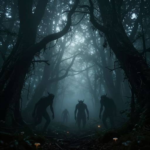 Digital art of a dark, eerie forest with three shadowy, horned creatures standing in the misty background, illuminated by faint, glowing mushrooms.