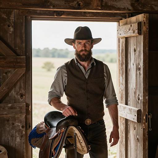 Cowboy Holding Saddle in Rustic Barn Doorway