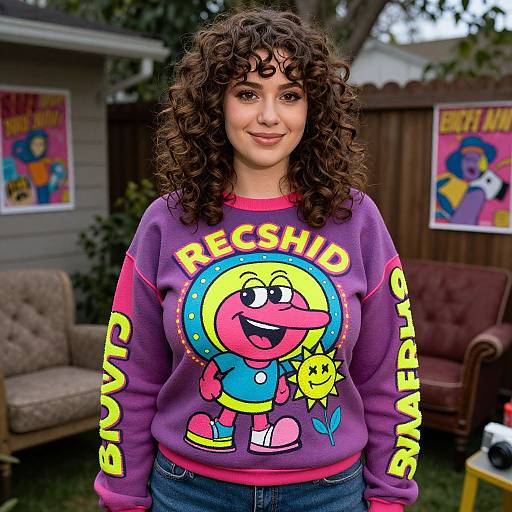 Photograph of a curly-haired woman in a purple 