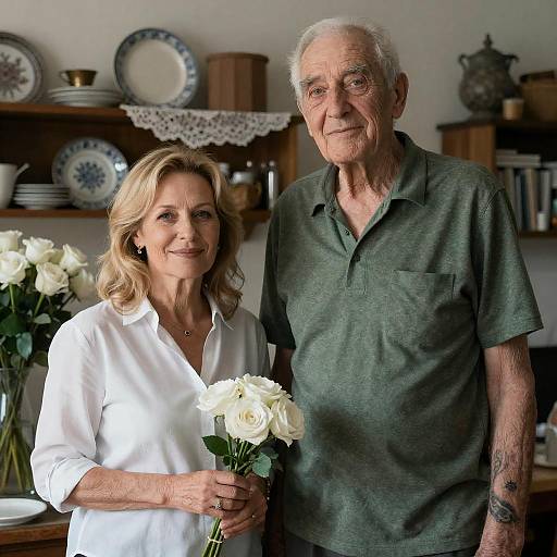Blonde Woman and Elderly Man in Cluttered Room