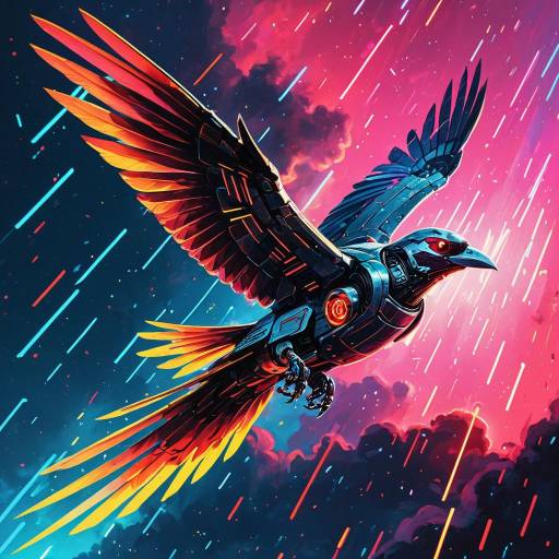 Cyberpunk Robot Bird Soaring in Neon Sky