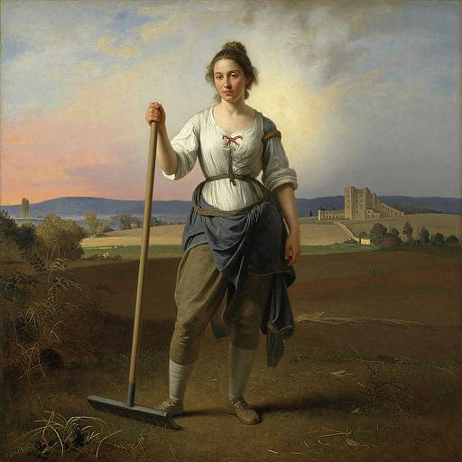Painting of a young woman with fair skin, brown hair in a bun, wearing a white blouse, blue apron, and brown pants, holding