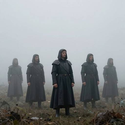 Photograph of four hooded, armored figures in dark, long coats standing in a foggy, desolate field, with a central figure in focus
