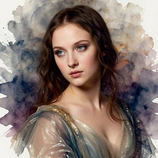 Digital painting of a fair-skinned, blue-eyed young woman with wavy brown hair, wearing a shimmering, semi-transparent robe, against a water