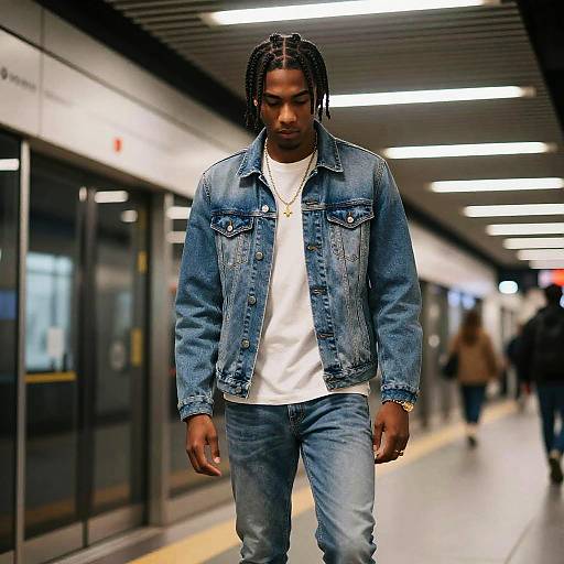 Photograph of a Black man with dreadlocks, wearing a denim jacket and white t-shirt, walking through a brightly lit subway station.