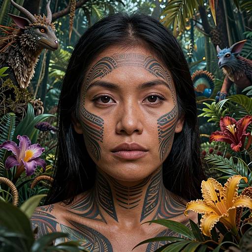 Photograph of a young Asian woman with intricate black tribal tattoos on her face and shoulders, surrounded by vibrant jungle foliage and fantastical dragon-like creatures.