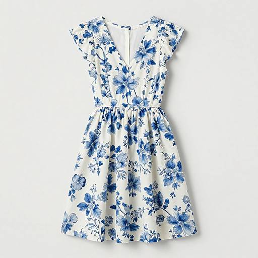White sleeveless dress with blue floral print, featuring a V-neck and flared skirt, displayed against a plain white background.
