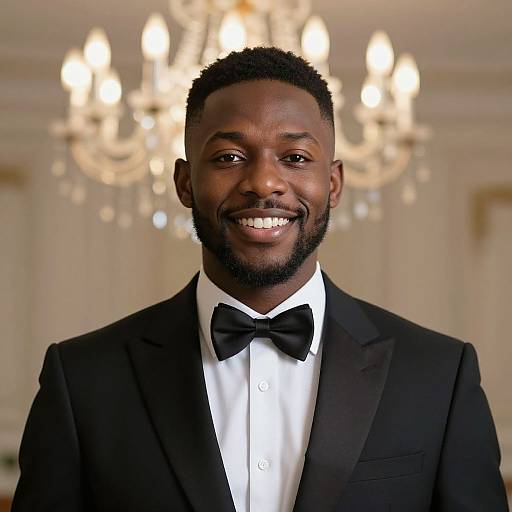 Photograph of a smiling Black man with short curly hair and beard, wearing a black tuxedo with bow tie, standing in front of a blurred