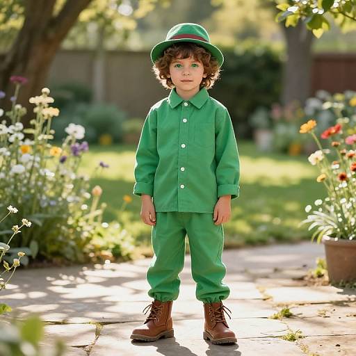 Young Boy in Green Garden Outfit