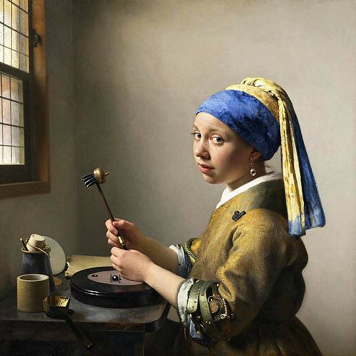 Photorealistic digital painting of a young girl with blue headscarf, brown dress, and white collar, spinning thread at a wooden table.