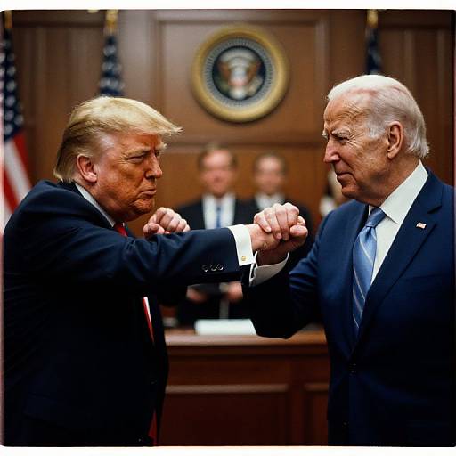 Photograph of Donald Trump and Hillary Clinton in a heated debate, shaking hands in a wood-paneled courtroom with U.S. flag.