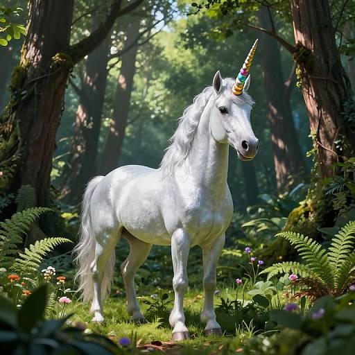 Photorealistic digital art of a white unicorn with a multicolored horn standing in a lush, sunlit forest, surrounded by ferns and colorful