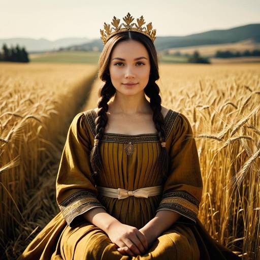 Young Woman in Historical Dress with Crown in Wheat Field
