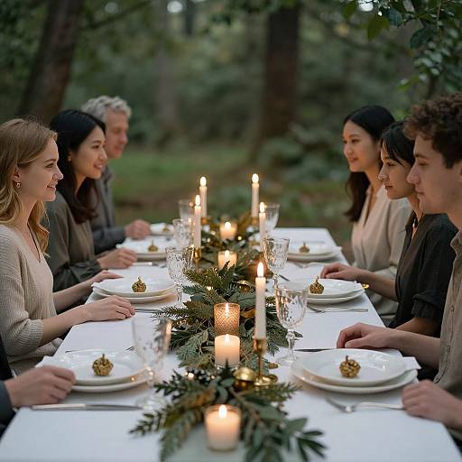 Photograph of six women seated around a forest-themed dinner table with white plates, candles, and greenery, enjoying a meal.