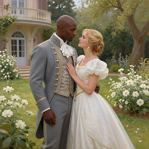 Photorealistic digital art of a Black man in a gray military-style suit and a blonde woman in a white ball gown, standing in a lush garden