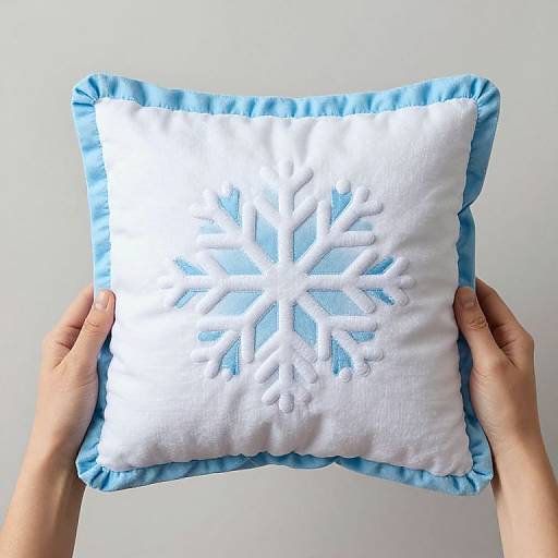 Photograph of a white, square cushion with a blue border, featuring a white embroidered snowflake design, held by two hands against a plain white background