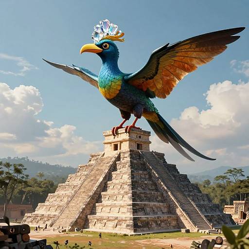 Digital art of a vibrant, blue-green bird with a crown, standing on an ancient Mayan pyramid under a bright blue sky.