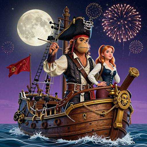 Digital illustration of a pirate monkey and red-haired woman on a wooden ship, under a full moon, with fireworks in the night sky. Pirate flag,