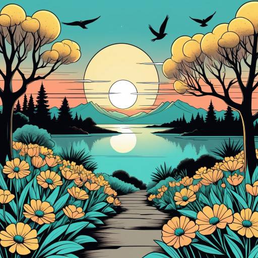 Sunset Lake Landscape Illustration
