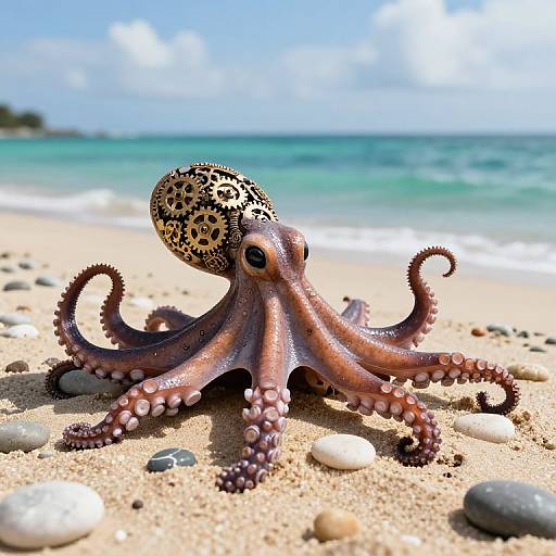 Photograph of a detailed, patterned octopus with purple and pink tentacles on a sandy beach with pebbles, turquoise ocean, and clear