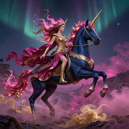 Digital fantasy artwork of a pink-haired woman in golden armor riding a blue unicorn with a glowing horn, surrounded by pink mist and green aurora in a