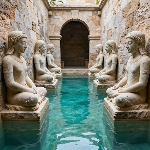 Photograph of six serene stone Buddha statues, seated in a narrow, turquoise water-filled alcove, flanked by stone walls, with an arched